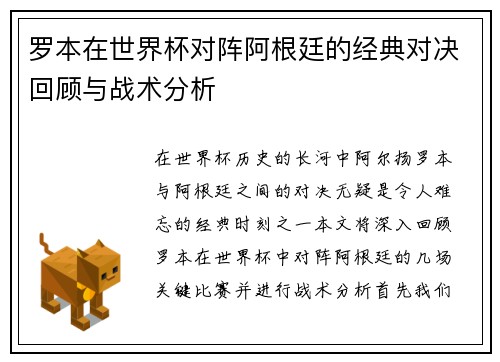 罗本在世界杯对阵阿根廷的经典对决回顾与战术分析